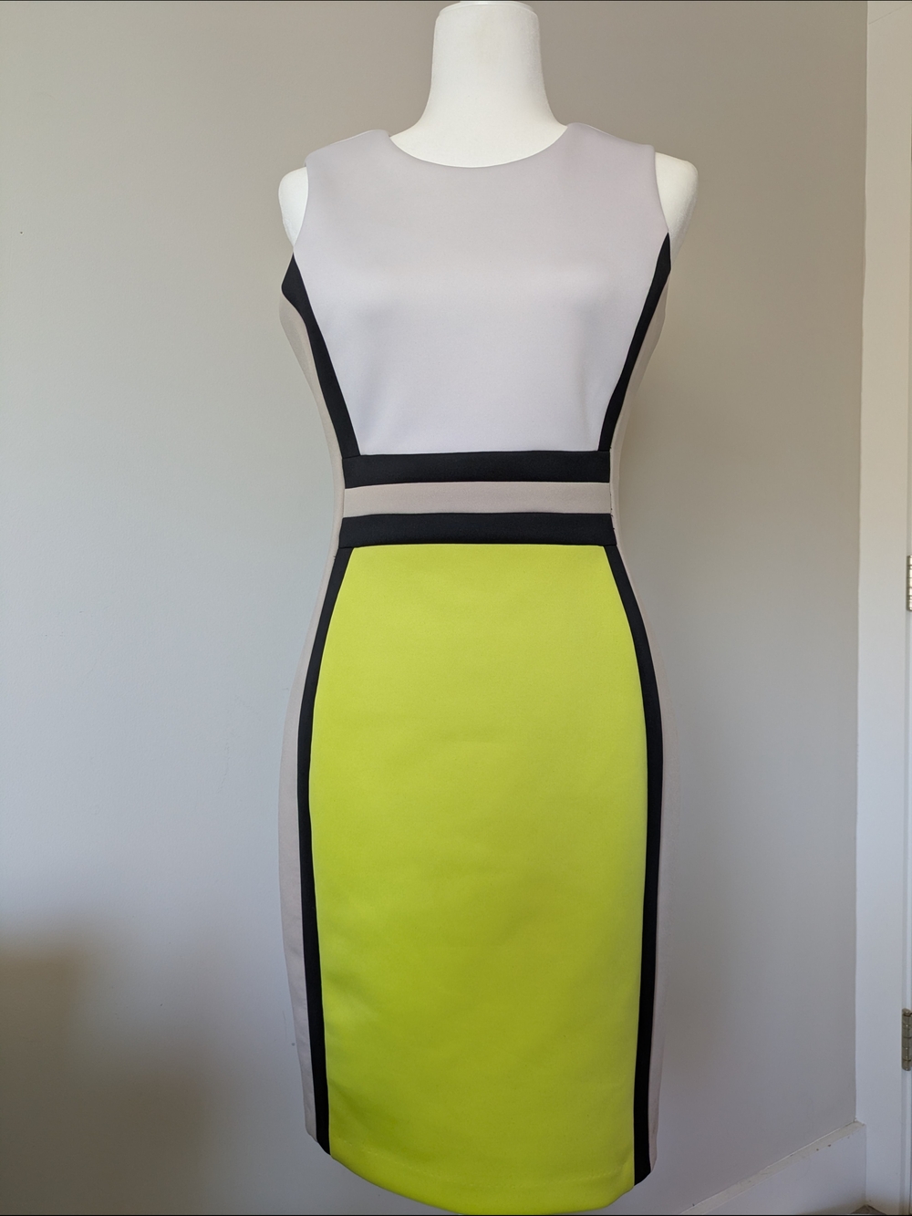Calvin Klein Sleeveless Colorblock Midi Dress in Lime, Light Gray and Black